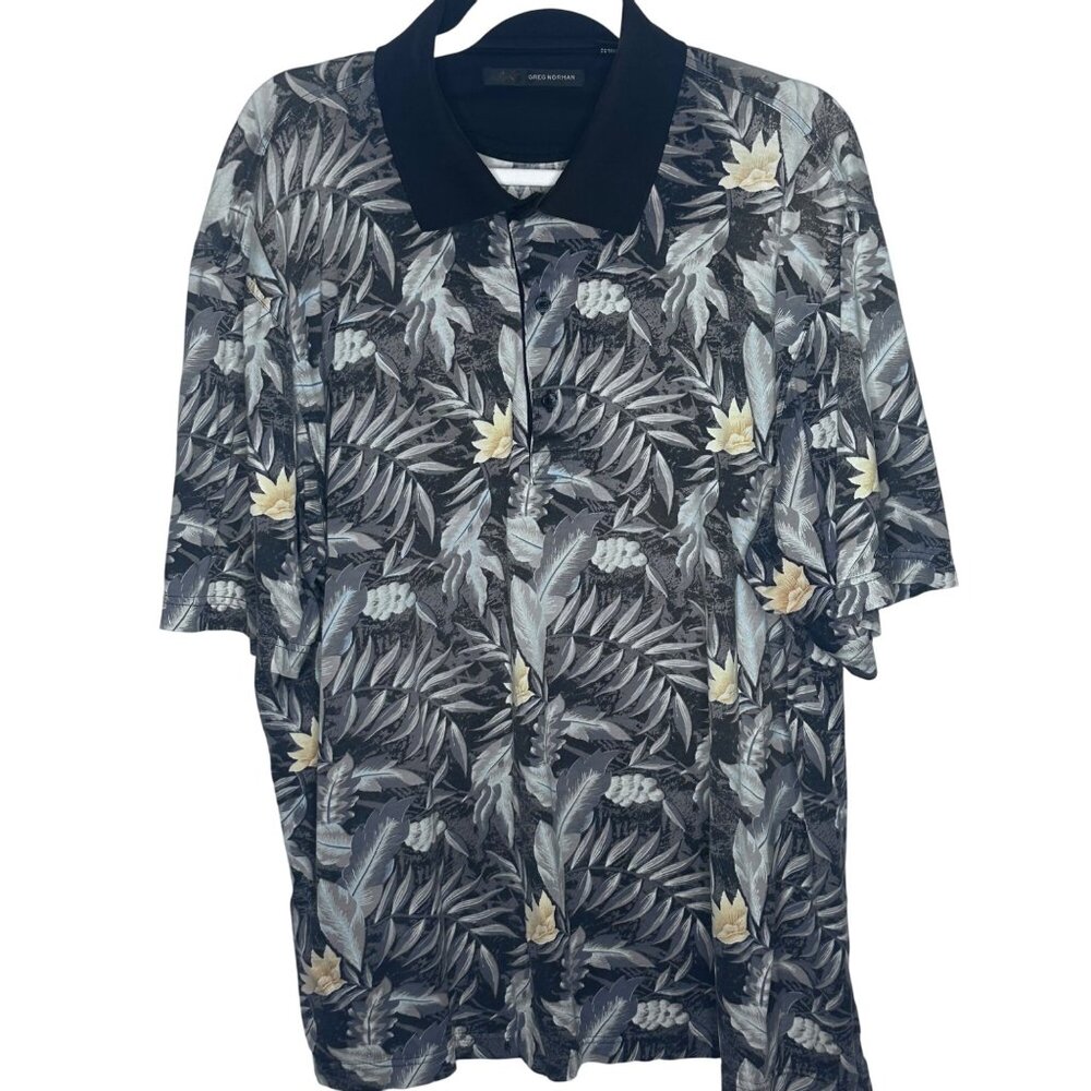 Greg Norman Mens Tropical Leaf Print Polo Shirt L Cotton Hawaiian Island Golf